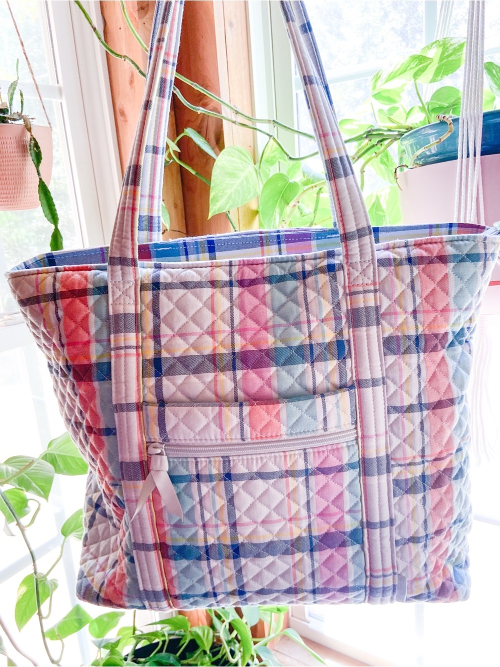 Vera Bradley Multi Compartment Quilted Tote Shoulder Bag Pastel Plaid NWOT
